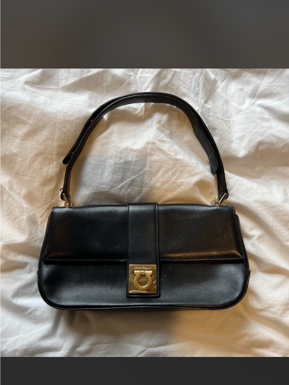 Ferragamo Black Leather Shoulder Bag with Gold Hardware